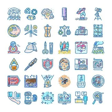 Hand drawn colored icons set diverse themes concepts 스톡 일러스트