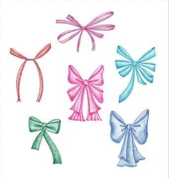 Hand drawn with colored markers 6 bows set isolated on a white background Stock Illustration