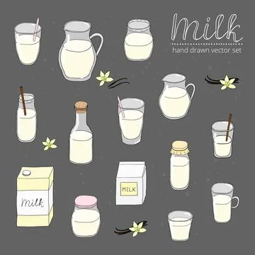Hand drawn colored milk in different packages. Illustrazione stock