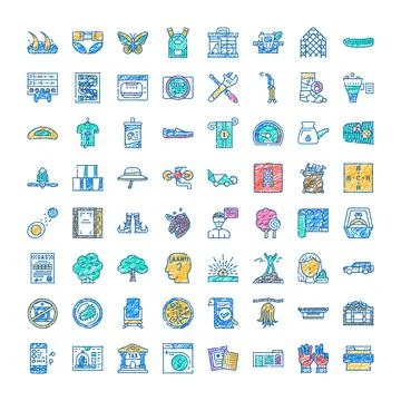 Hand drawn colored scribble line art icons set 스톡 일러스트
