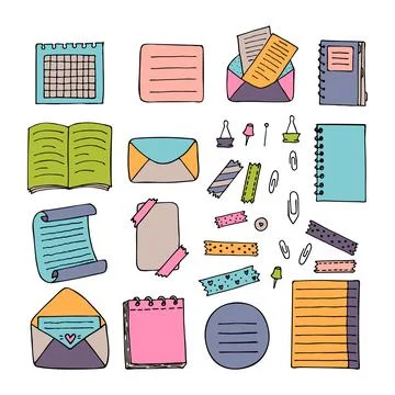 Hand drawn colored sheets of paper, documents, envelopes, notebook. Station.. Stock Illustration