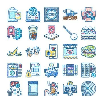 Hand drawn colored sketch doodle icons set Stock Illustration