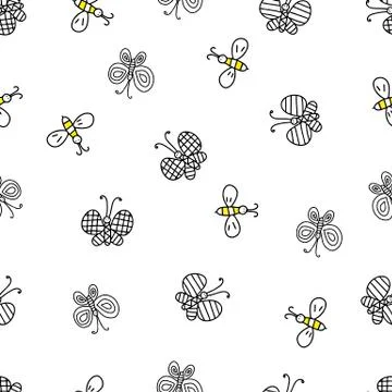 Hand-drawn colored vector illustration of a group of butterflies and bees is イラスト素材