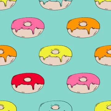 Hand Drawn Colorful Donut Pattern on Green Background Stock Illustration