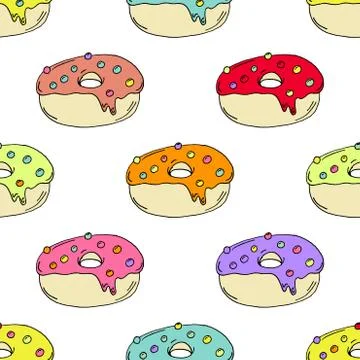 Hand Drawn Colorful Donut Pattern on White Background Stock Illustration