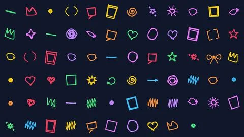 Hand-Drawn Colorful Doodle Elements Set on Dark Background Graphic Design Stock-Illustration