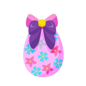 Hand-drawn colorful Easter pink egg with flowers, with a purple bow. vector Stock Illustration