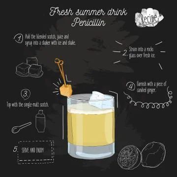 Hand drawn colorful fresh summer drink Penicillin recipe on blackboard Stock Illustration