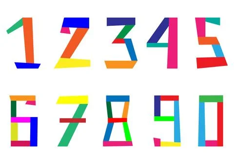 Hand drawn colorful numbers set. Bright forms in a naive style. Collage. Stock Illustration