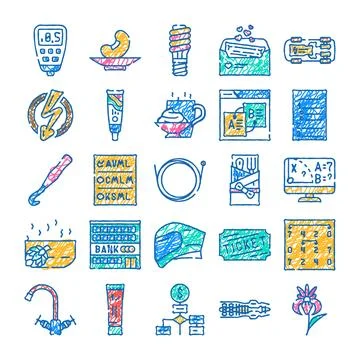 Hand drawn colorful scribble icons collection for applications Stock Illustration