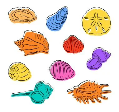 Hand drawn colorful sea shells collection in sketchy doodle style Illustrazione stock