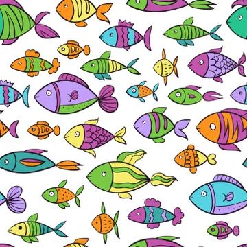 Hand drawn colorful seamless pattern with fishes Stock Illustration