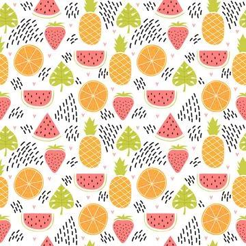 Hand drawn colorful seamless pattern with tropical fruits and leaves. Cute .. Stock Illustration