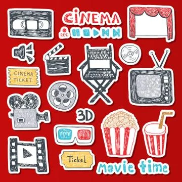 Hand drawn colorful vector illustrations - Cinema collection. Movie and film Stock Illustration