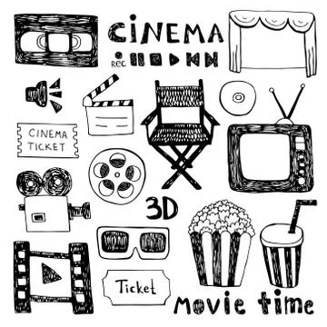 Hand drawn colorful vector illustrations - Cinema collection. Movie and film Stock Illustration