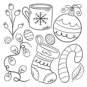 Hand drawn coloring Christmas elements icons collection Stock Illustration