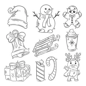 Hand drawn coloring Christmas elements items collection Stock Illustration