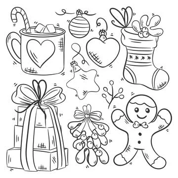 Hand drawn coloring Christmas elements icons set of Stock Illustration