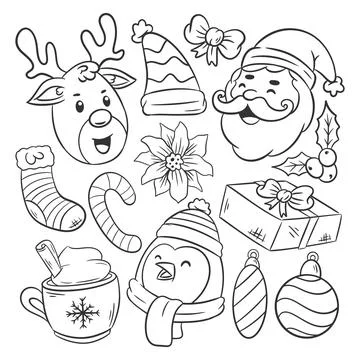 Hand drawn coloring Christmas elements items set of Stock Illustration