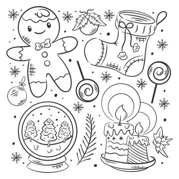 Hand drawn coloring Christmas elements collection Illustrazione stock