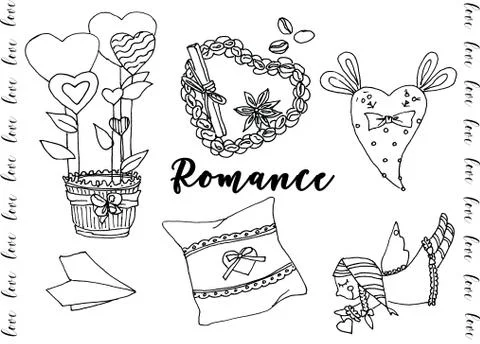 Hand drawn coloring with romantic elements Stock Illustration