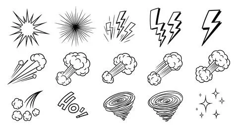 Hand-drawn comic book sound effects and action lines, explosions, lightning.. Illustration