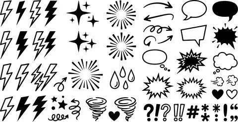 Hand Drawn Comic Doodle Elements Vector Set - Lightning, Speech Bubbles, Ar.. Stock Illustration