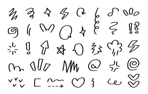 Hand drawn comic doodle elements set speech bubble exclamation mark lightning Stock Illustration