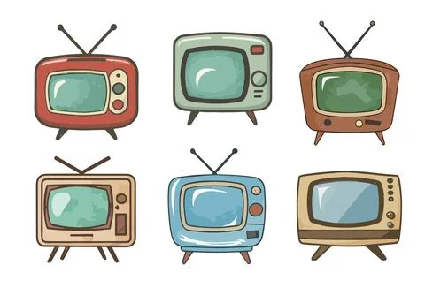 Hand drawn comic retro TV vector set isolated. Stock Illustration