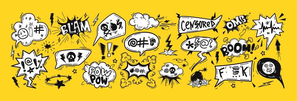 Hand drawn comic speech bubble doodle with swearwords, curses, insults, censored Stock Illustration