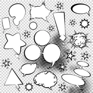 Hand drawn comic speech bubbles. Set of blank comic elements on halftone 스톡 일러스트