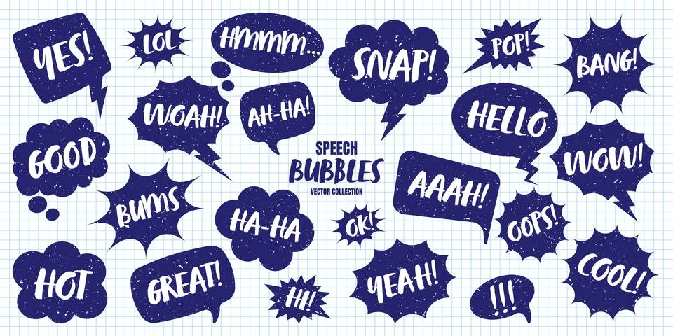 Hand drawn comic speech bubbles on checkered paper sheet. School notebook for Stock Illustration