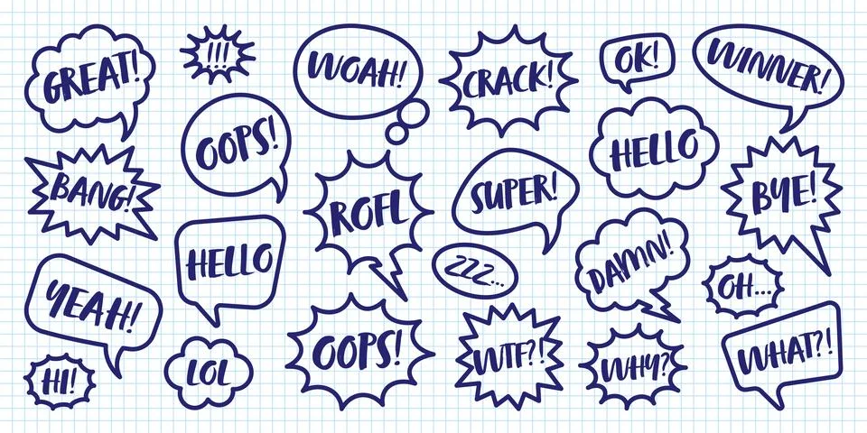 Hand drawn comic speech bubbles on checkered paper sheet. School notebook for Stock Illustration