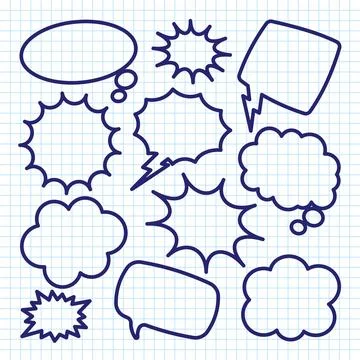 Hand drawn comic speech bubbles on checkered paper sheet. School notebook for 스톡 일러스트