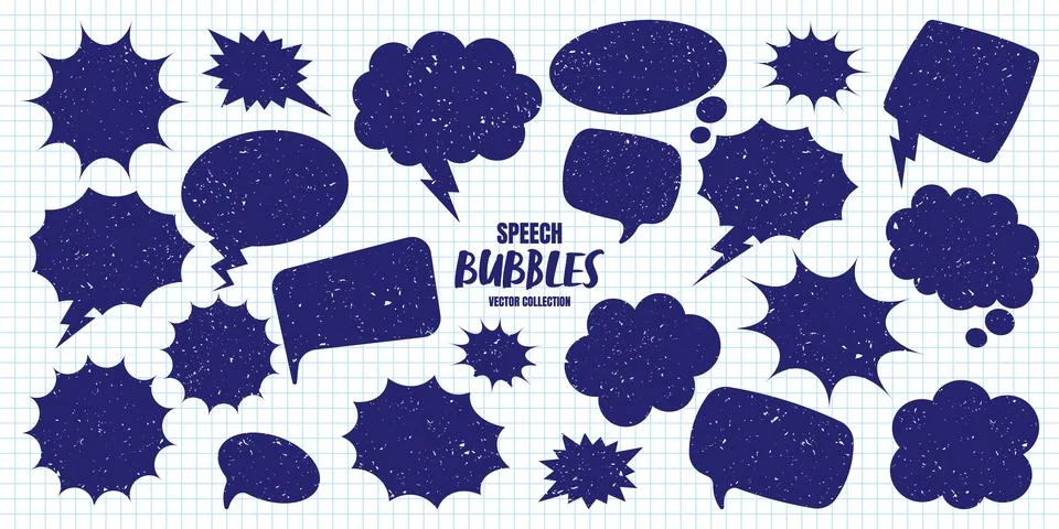 Hand drawn comic speech bubbles on checkered paper sheet. School notebook for Stock Illustration