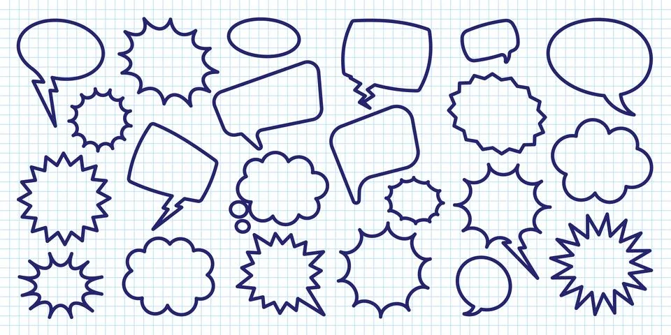 Hand drawn comic speech bubbles on checkered paper sheet. School notebook for イラスト素材