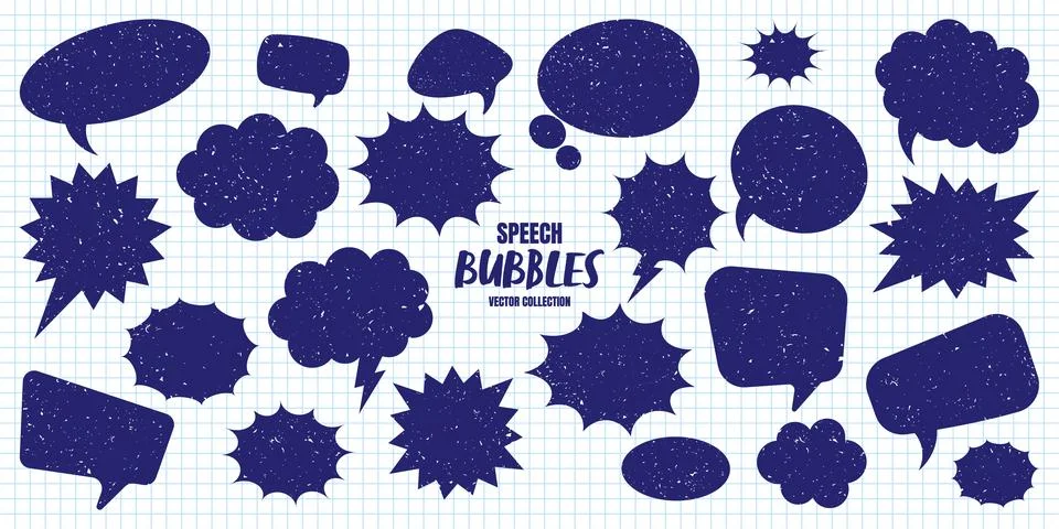 Hand drawn comic speech bubbles on checkered paper sheet. School notebook for 스톡 일러스트