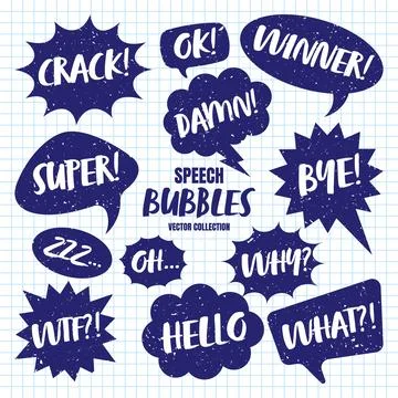 Hand drawn comic speech bubbles on checkered paper sheet. School notebook for 스톡 일러스트