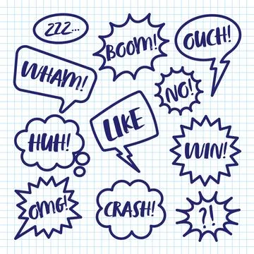 Hand drawn comic speech bubbles on checkered paper sheet. School notebook for 스톡 일러스트