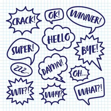 Hand drawn comic speech bubbles on checkered paper sheet. School notebook for Stock Illustration