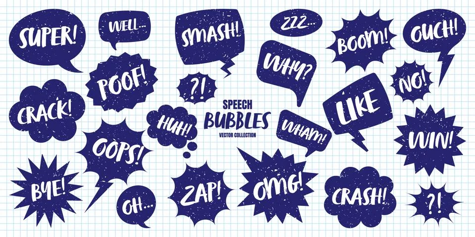 Hand drawn comic speech bubbles on checkered paper sheet. School notebook for イラスト素材