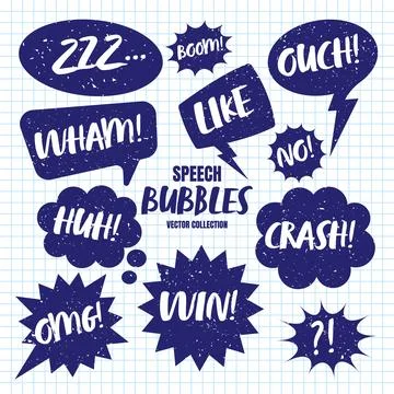 Hand drawn comic speech bubbles on checkered paper sheet. School notebook for Stock Illustration