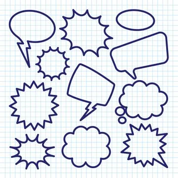 Hand drawn comic speech bubbles on checkered paper sheet. School notebook for Stock Illustration