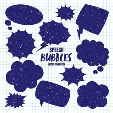 Hand drawn comic speech bubbles on checkered paper sheet. School notebook for 스톡 일러스트