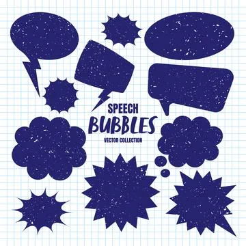 Hand drawn comic speech bubbles on checkered paper sheet. School notebook for イラスト素材