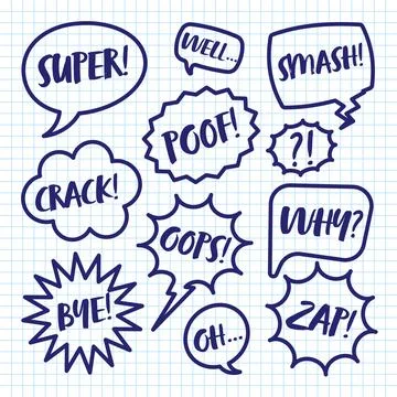 Hand drawn comic speech bubbles on checkered paper sheet. School notebook for Stock Illustration