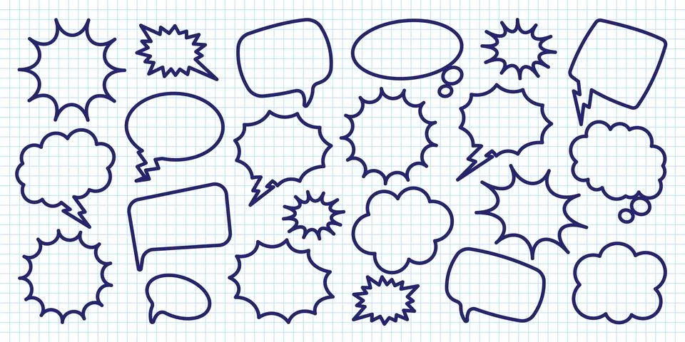 Hand drawn comic speech bubbles on checkered paper sheet. School notebook for 스톡 일러스트