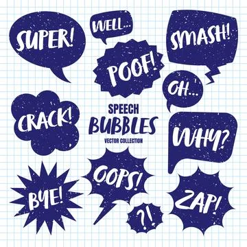 Hand drawn comic speech bubbles on checkered paper sheet. School notebook for Stock Illustration
