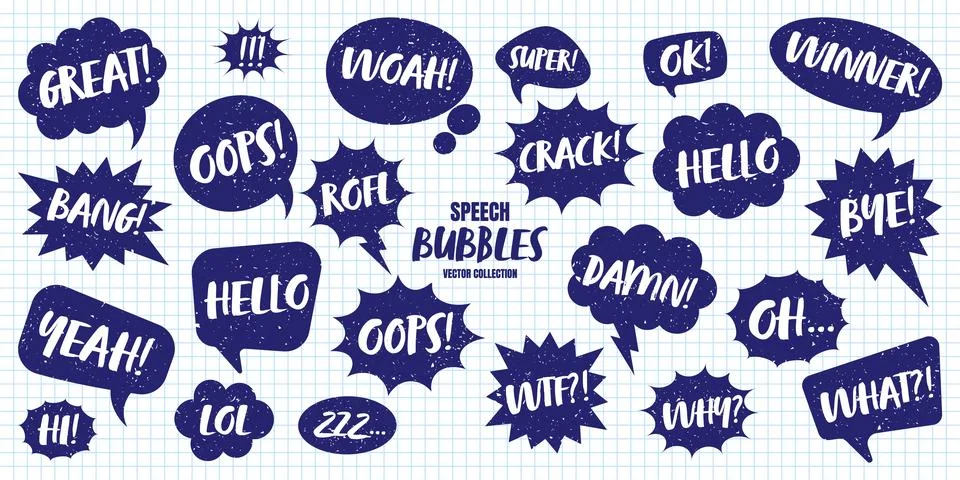 Hand drawn comic speech bubbles on checkered paper sheet. School notebook for 스톡 일러스트