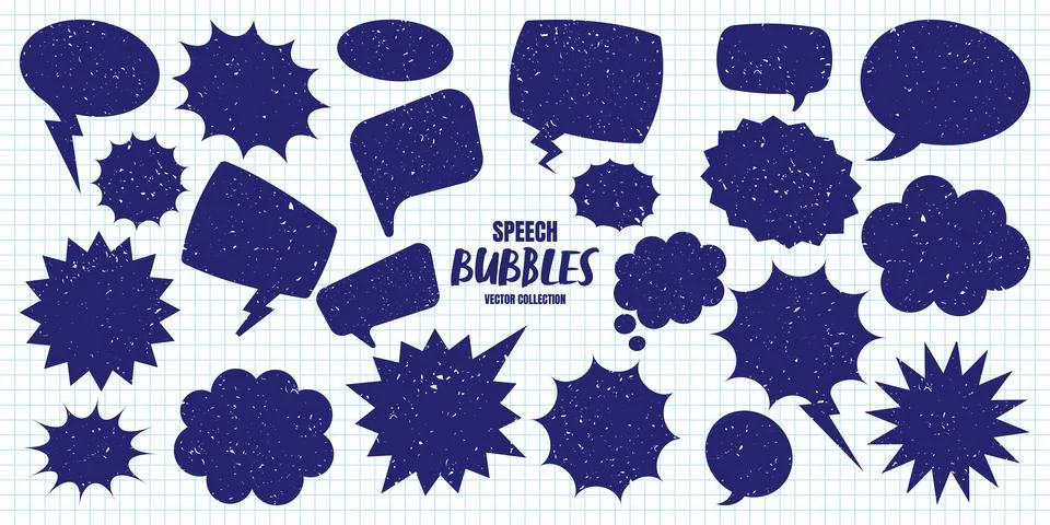 Hand drawn comic speech bubbles on checkered paper sheet. School notebook for 스톡 일러스트